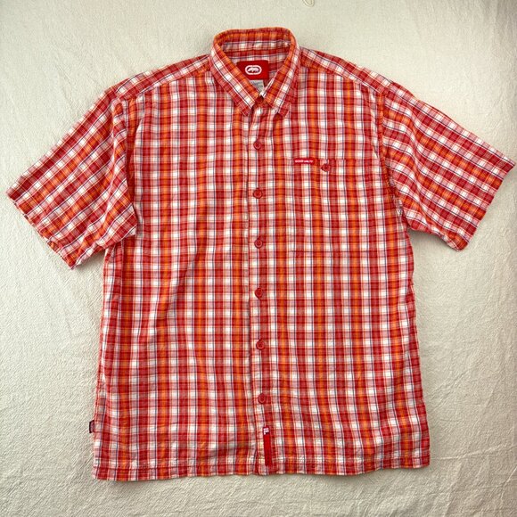 y2k Plaid Ecko Shirt Button Down Short Sleeve Orange Red Camp Retro Skater Beach - Picture 2 of 9